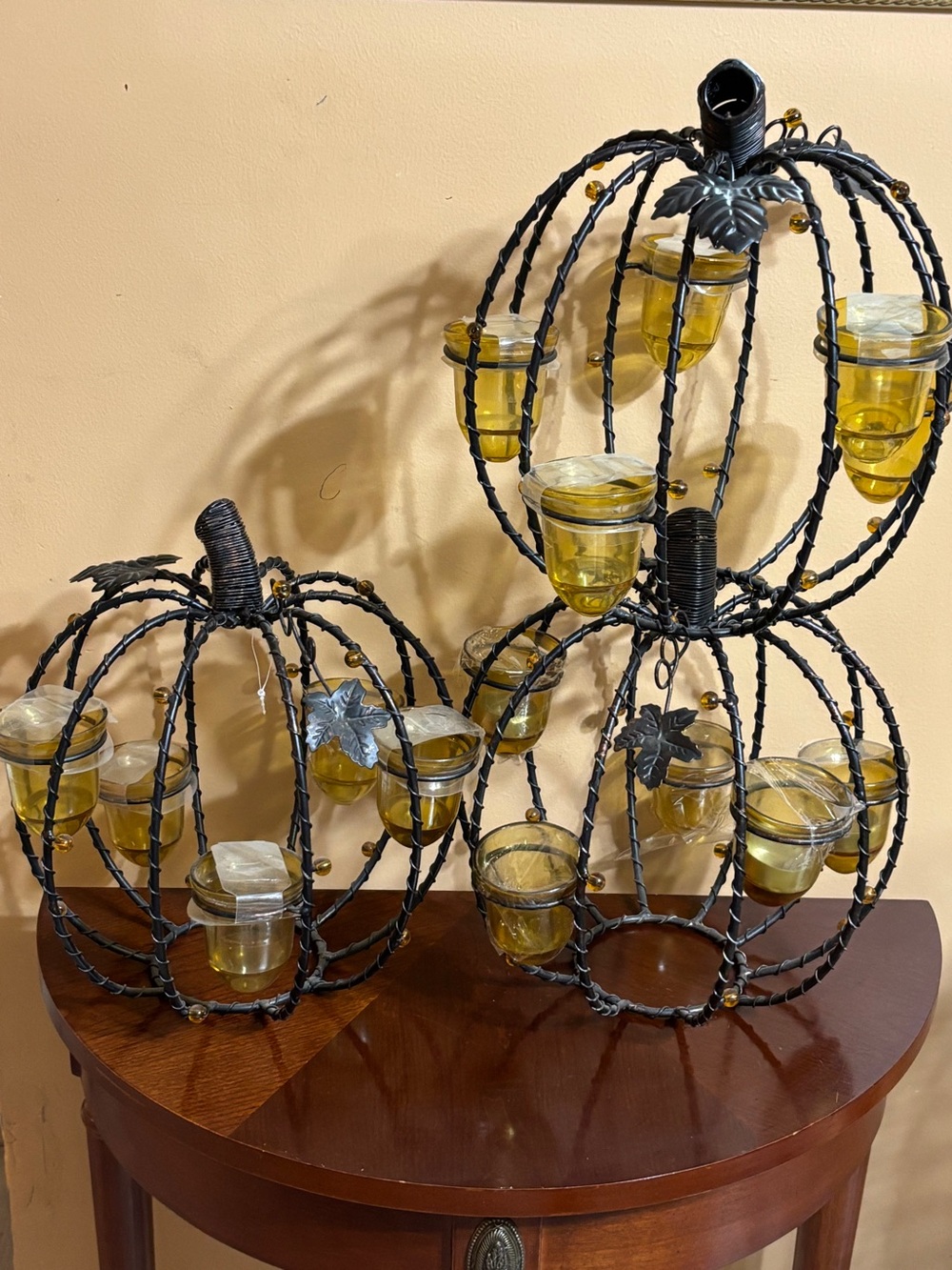 Metal Pumpkin Tea Light Holders with Amber Glass Cups - Home Accents